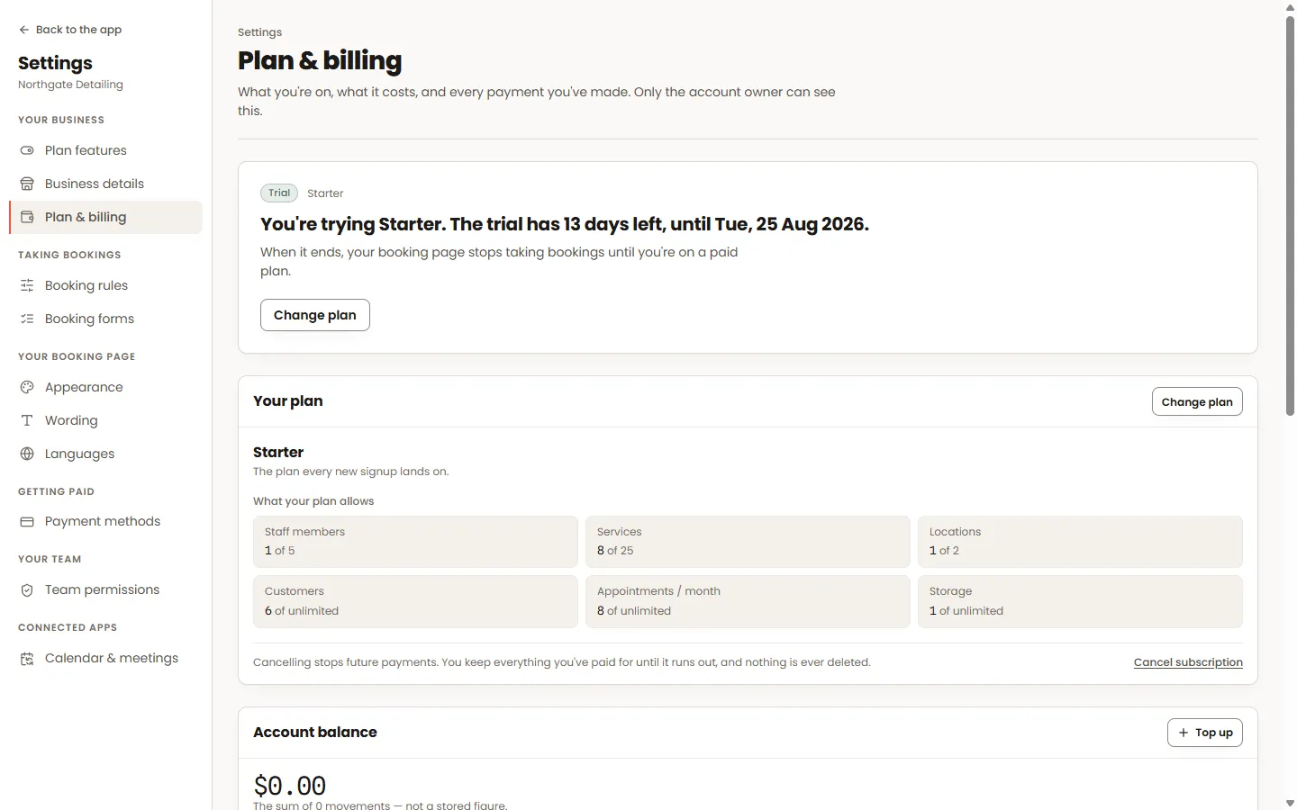 The Plan and billing screen showing the current plan, payment history and balance.