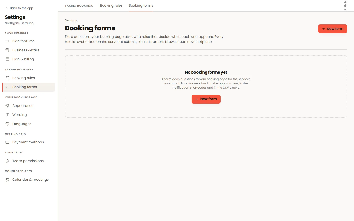 The Booking forms screen listing custom questions with their field types.