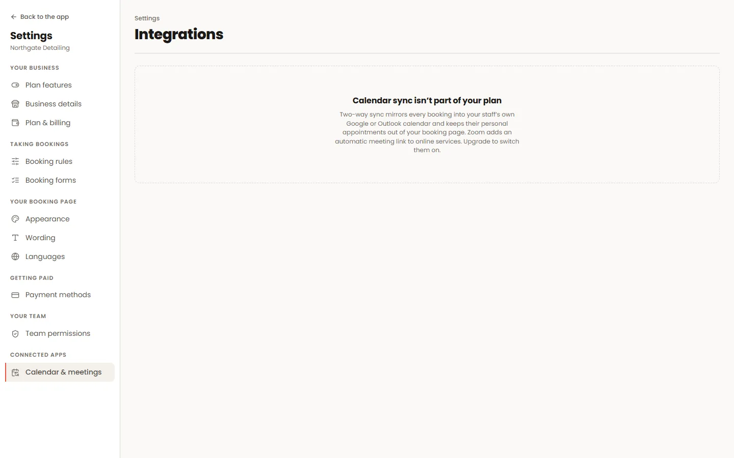 The Integrations screen with calendar connections and sync options.