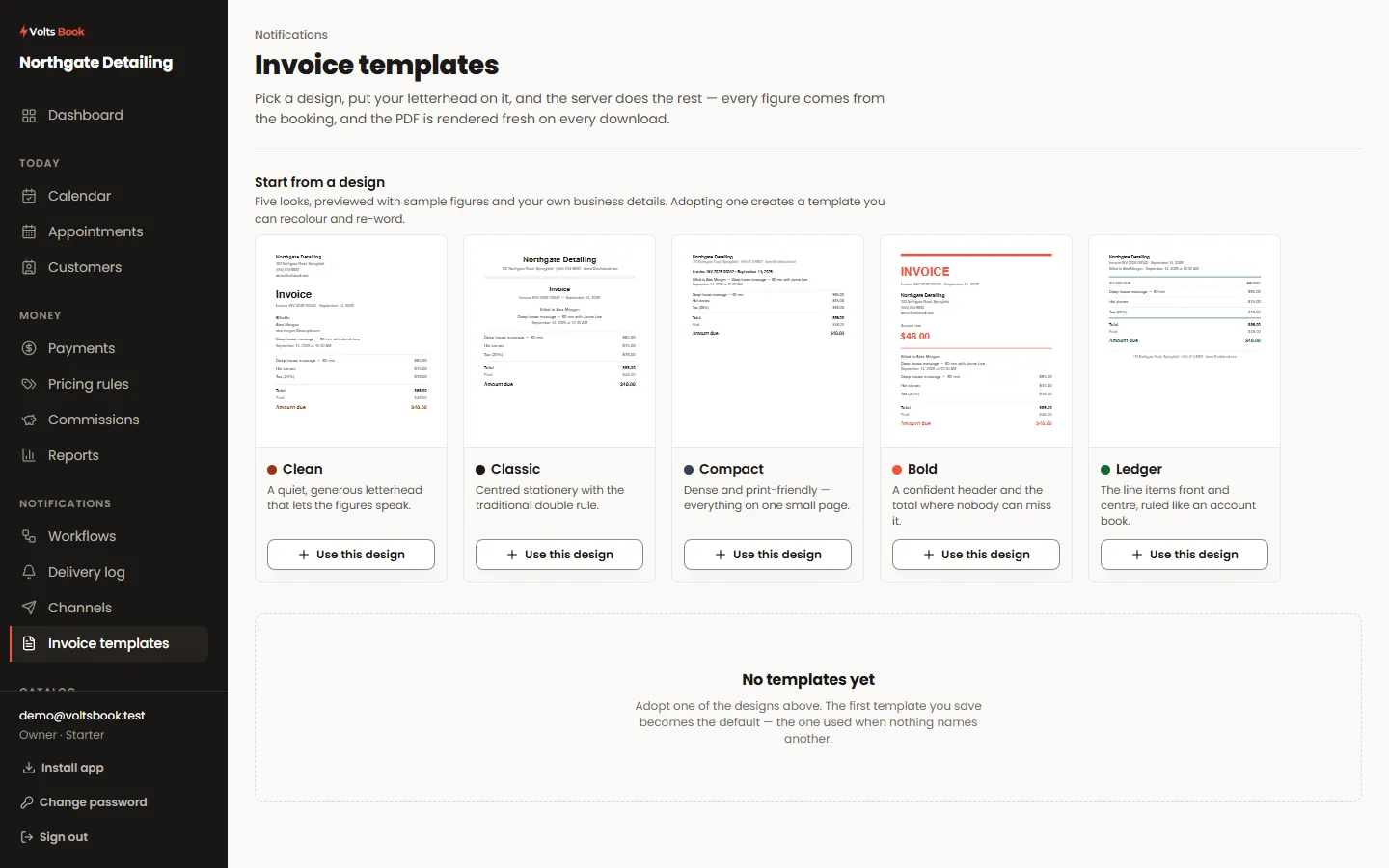 The Invoice templates screen showing design presets with live previews.