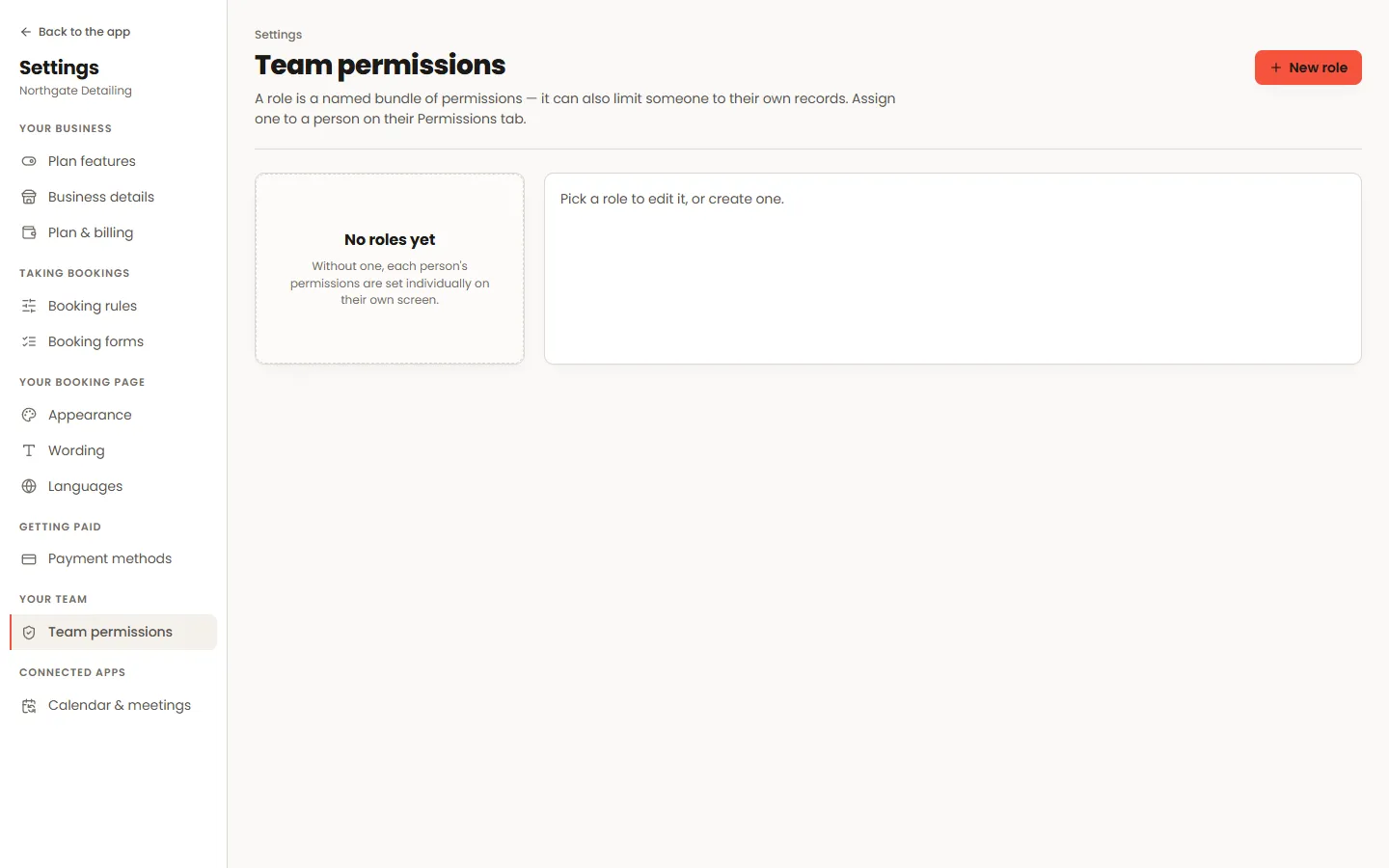 The Team permissions screen showing roles and the modules each one grants.