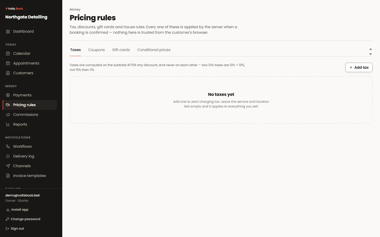 The Pricing rules screen with tabs for taxes, coupons, gift cards and conditional prices.