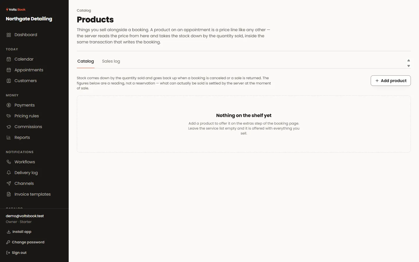 The Products screen listing stock items with prices and quantities.