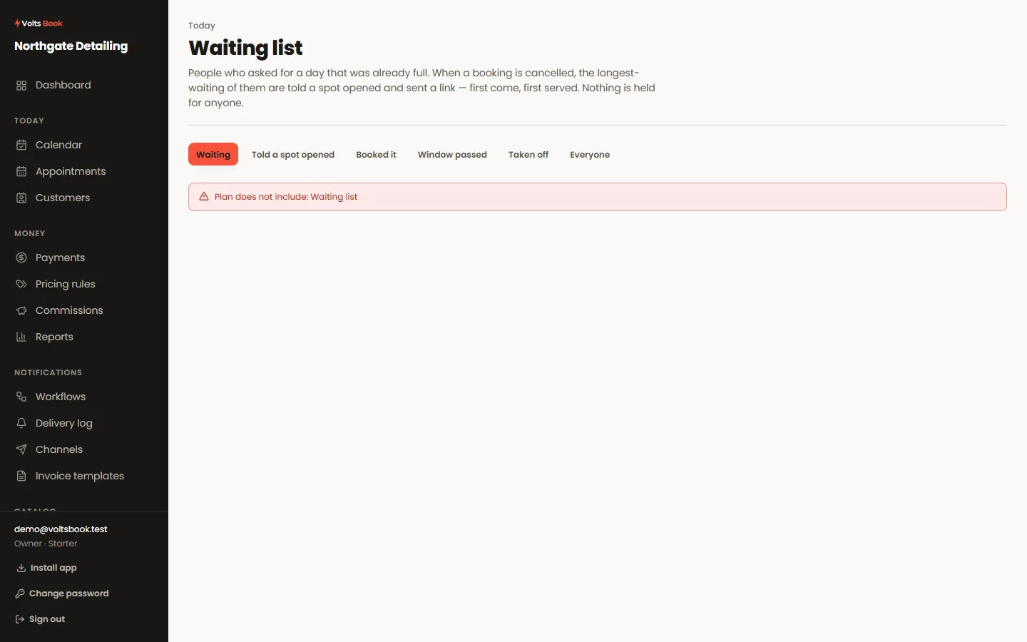 The Waiting list screen showing customers waiting for particular days.