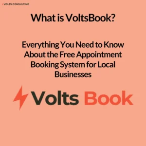 VoltsBook logo with headline text: ‘What is VoltsBook? The Free Appointment Booking System for Local Businesses